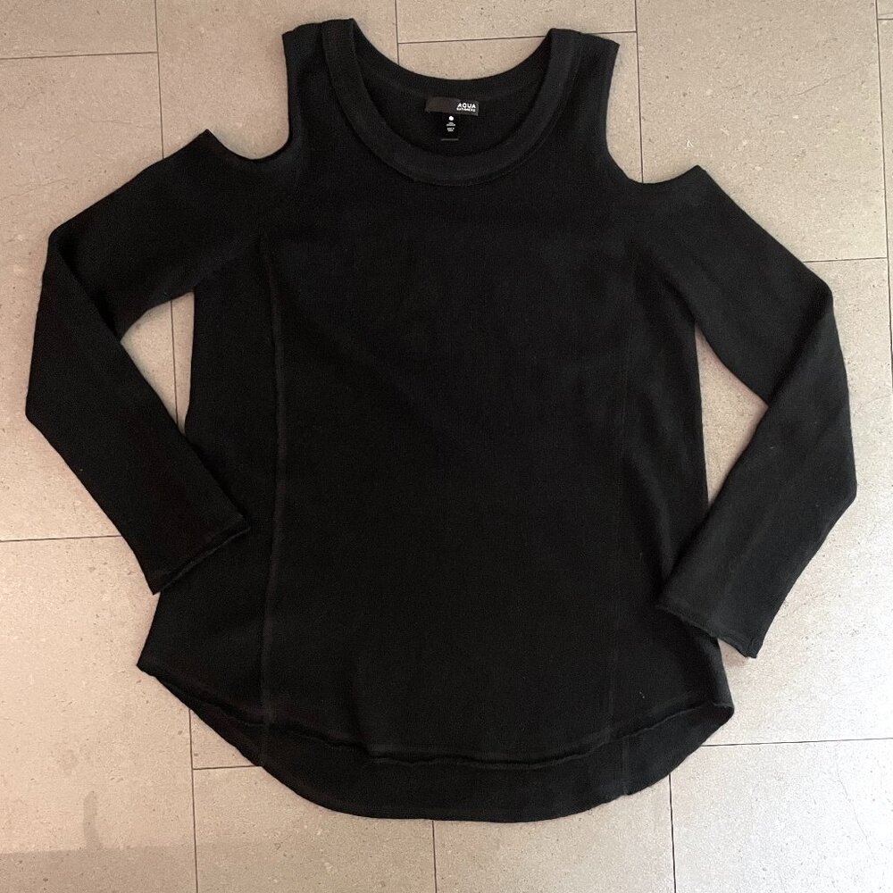 Aqua Cashmere Black Crew Neck Cold Open Shoulder Sweater-Small